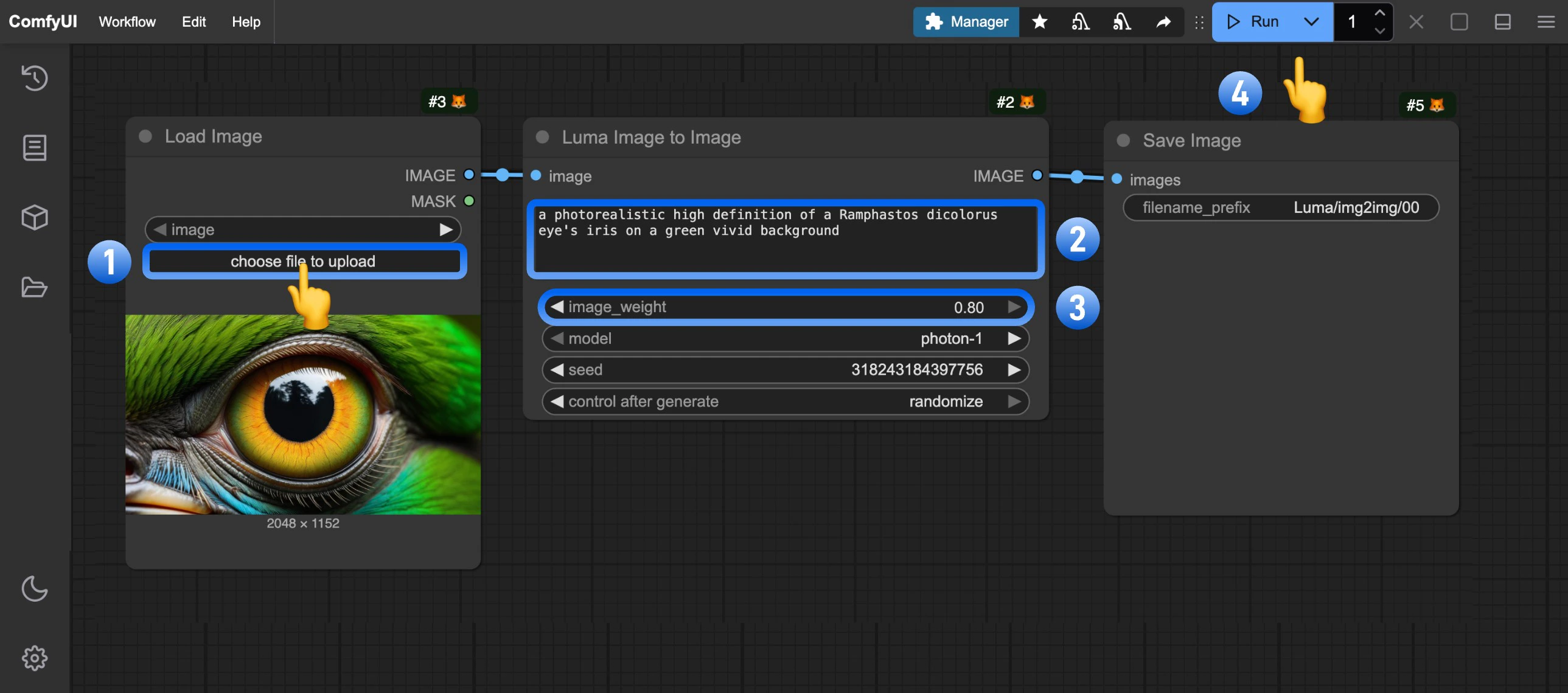 Luma Image to Image ワークフロー実行ステップ