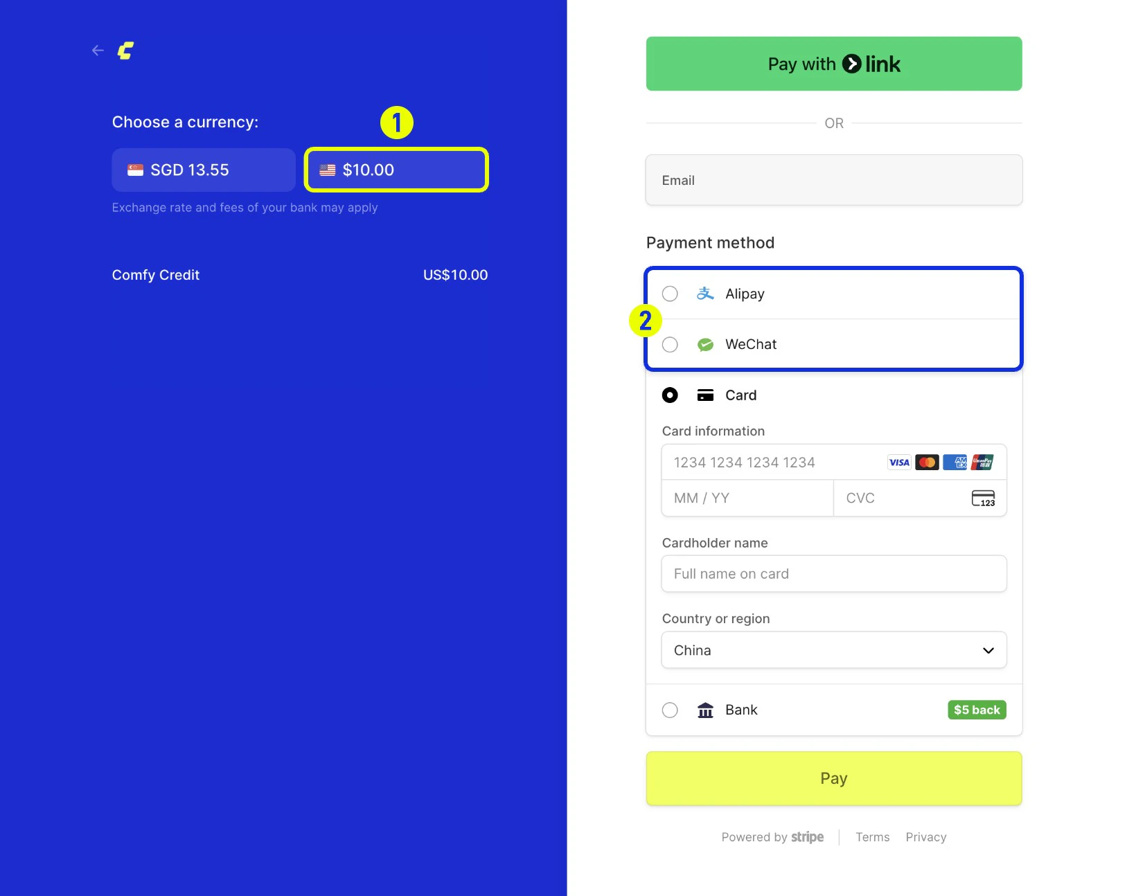 Checkout screen showing USD selected and Alipay/WeChat Pay options available