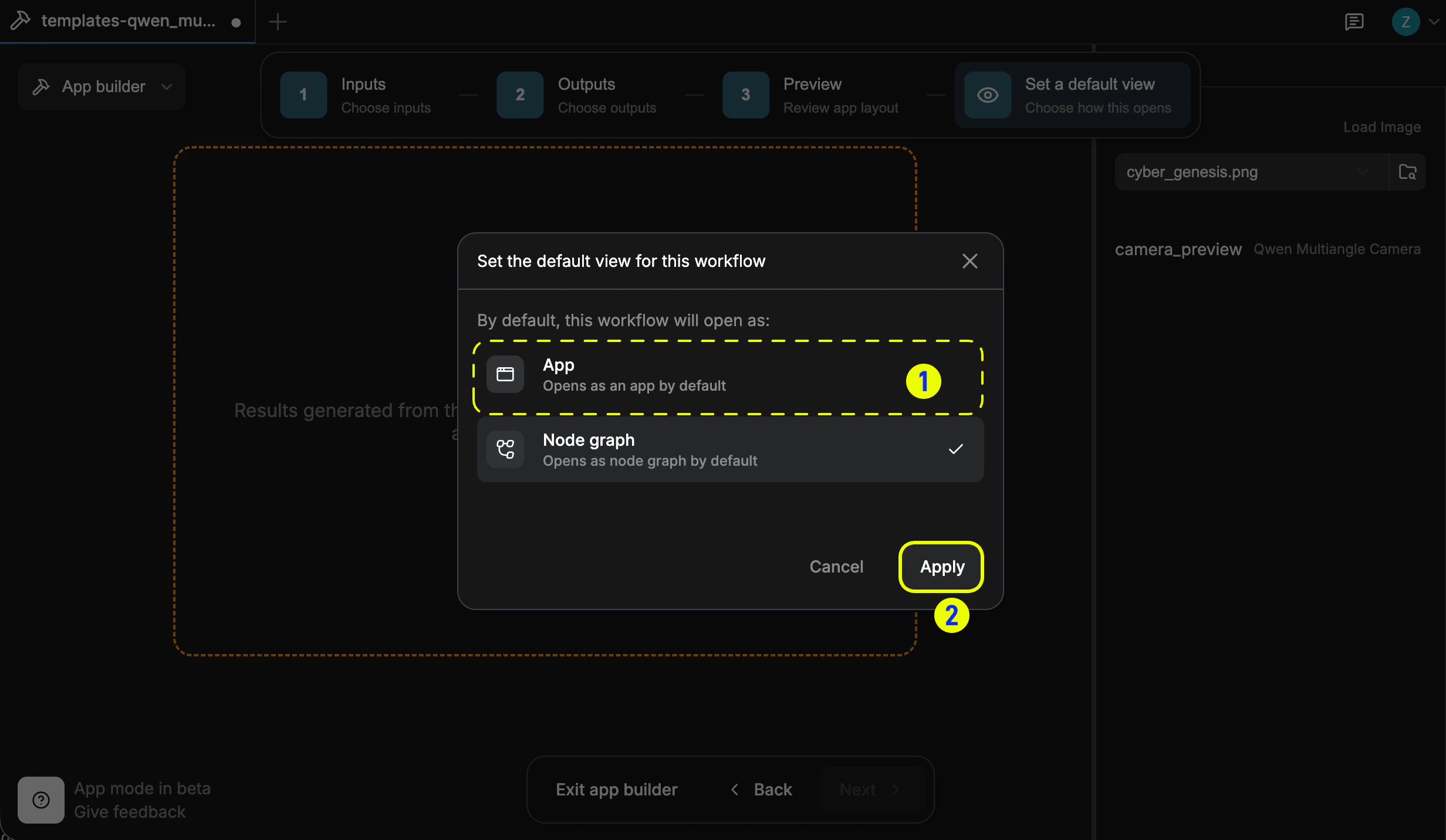 Set default view step with App/Node Graph options