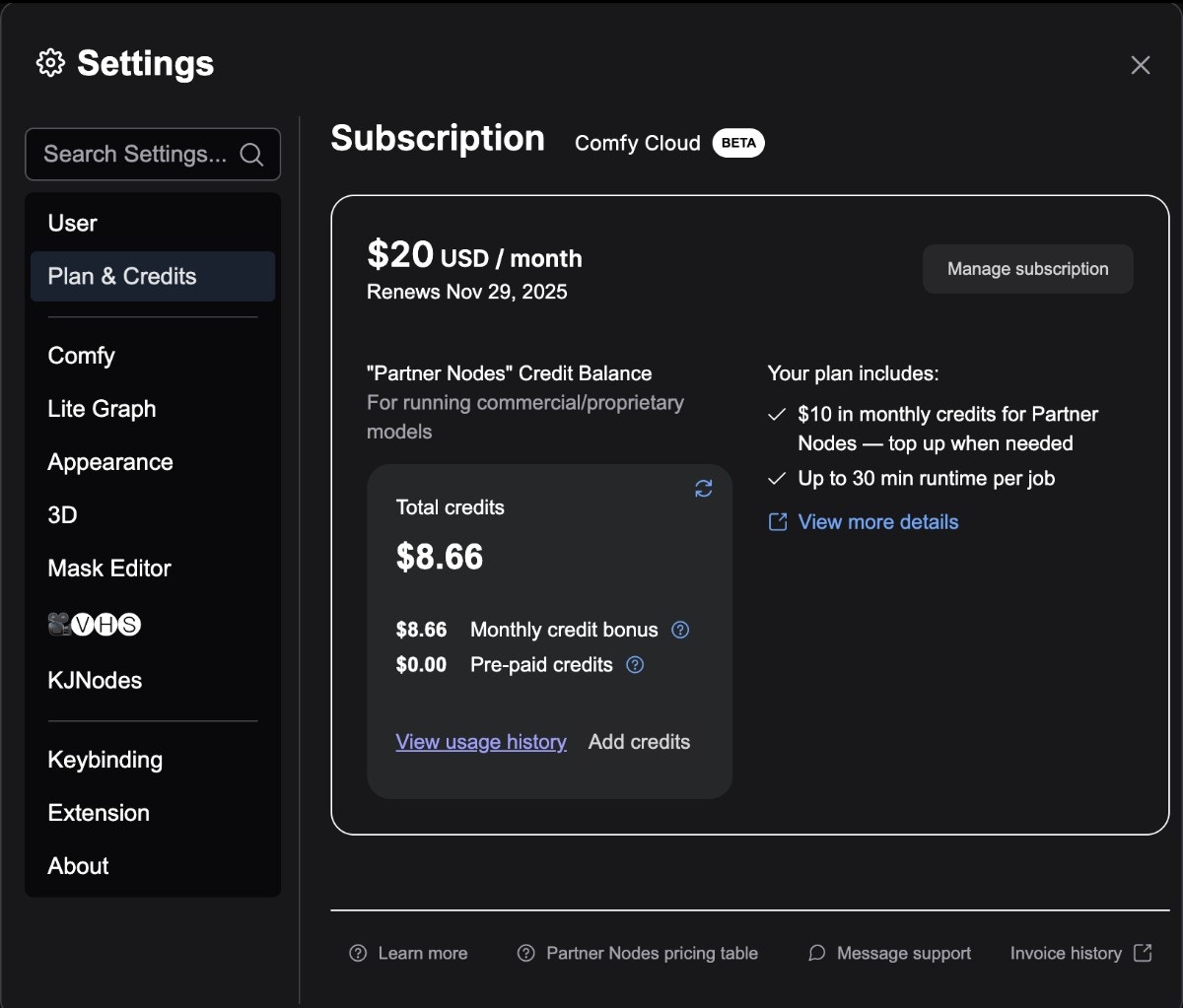 Subscription settings menu