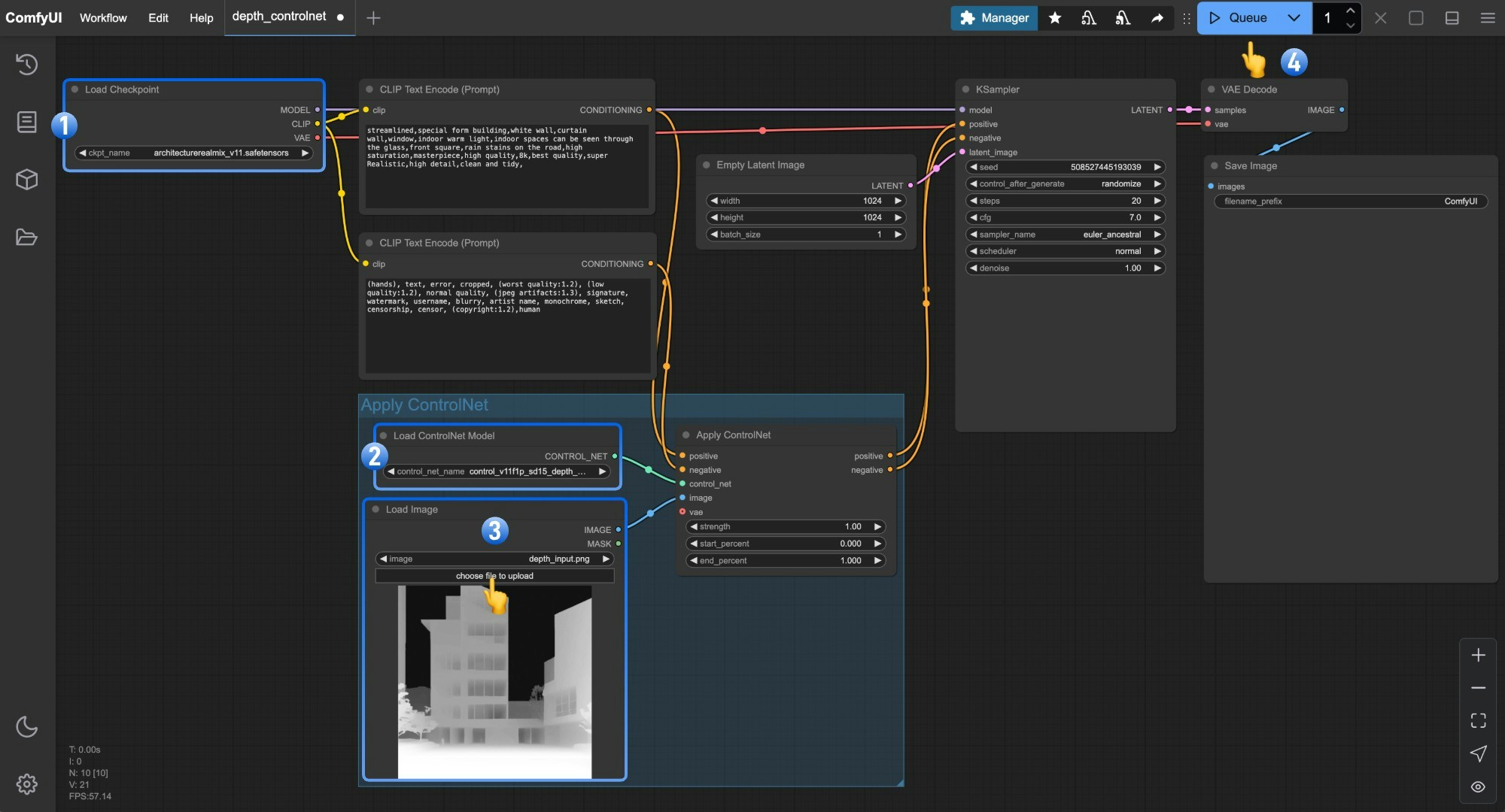 ComfyUI Workflow - Depth ControlNet Flow Diagram