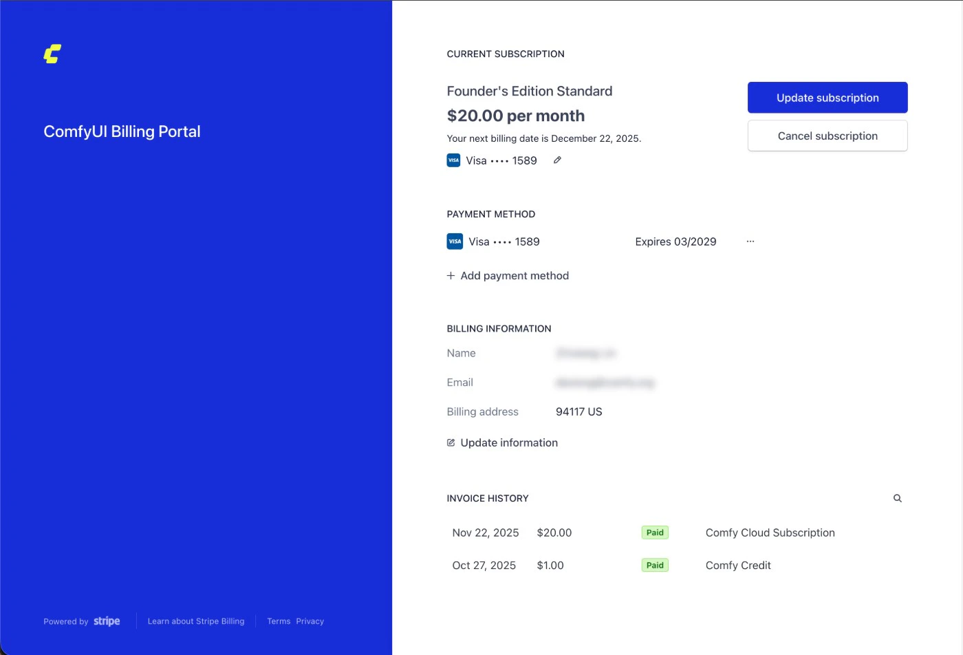 Comfy billing portal