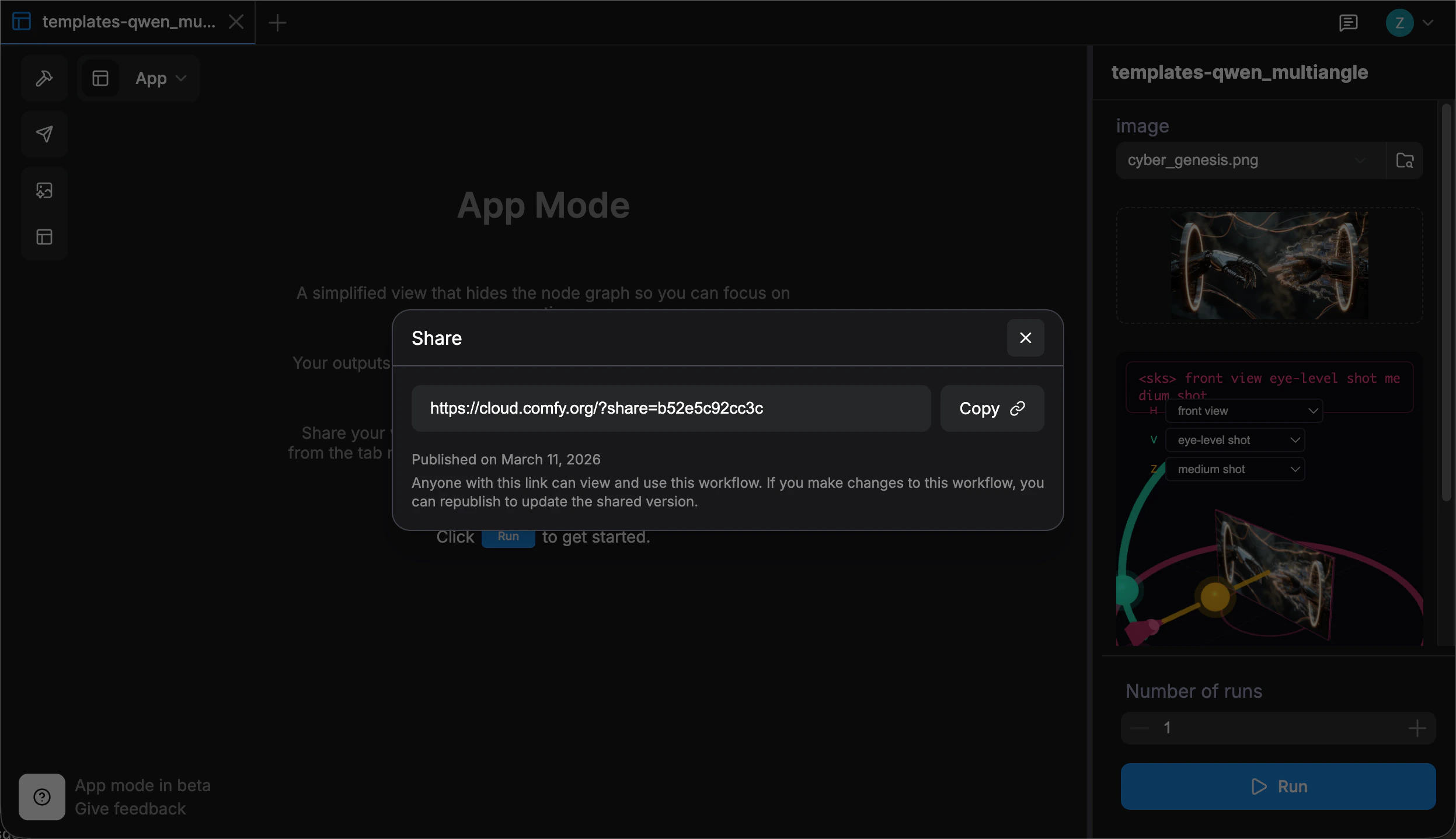 Share dialog showing the generated link with Copy button