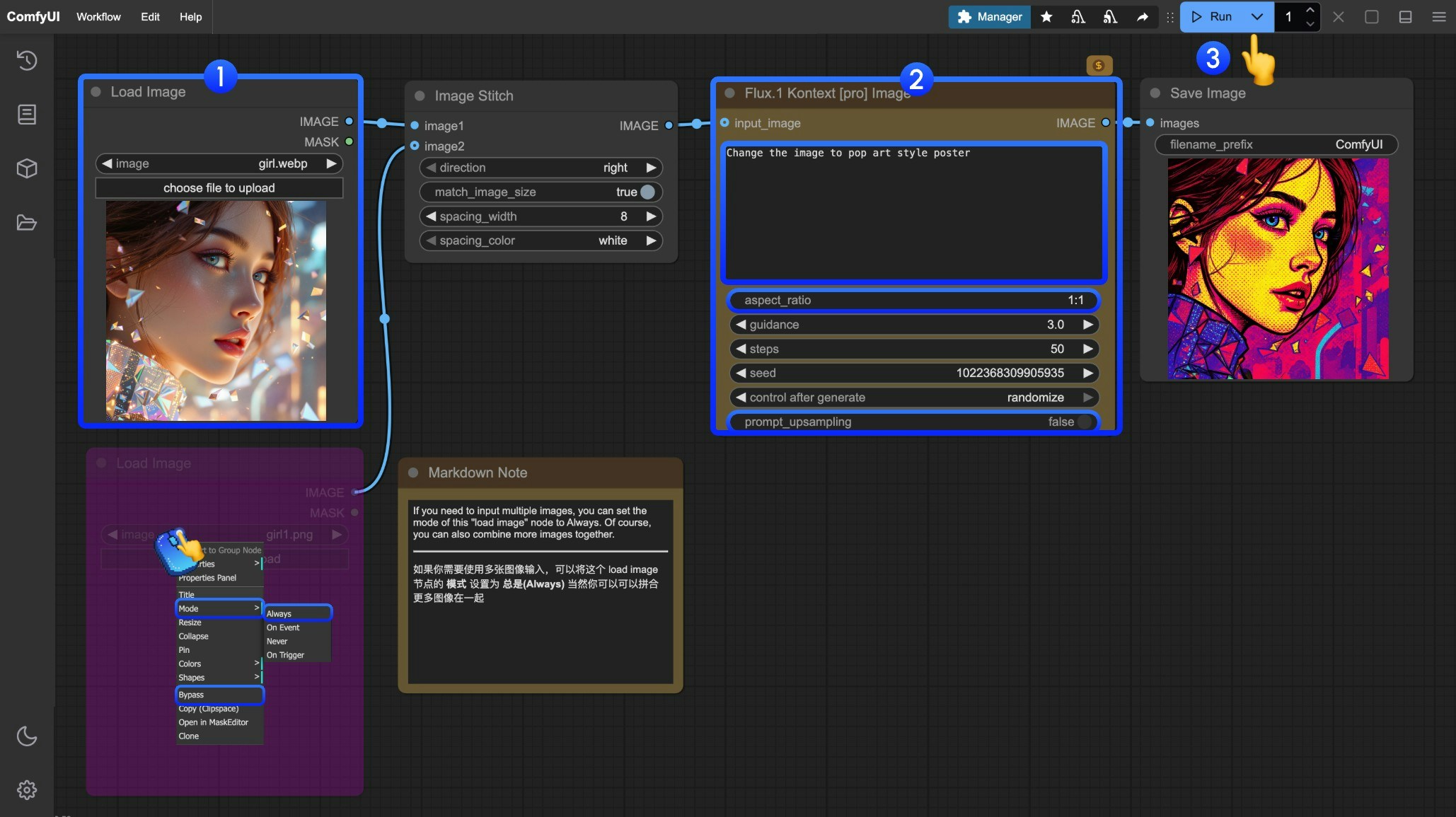 ComfyUI Flux.1 Kontext Pro Image API Node Workflow Steps