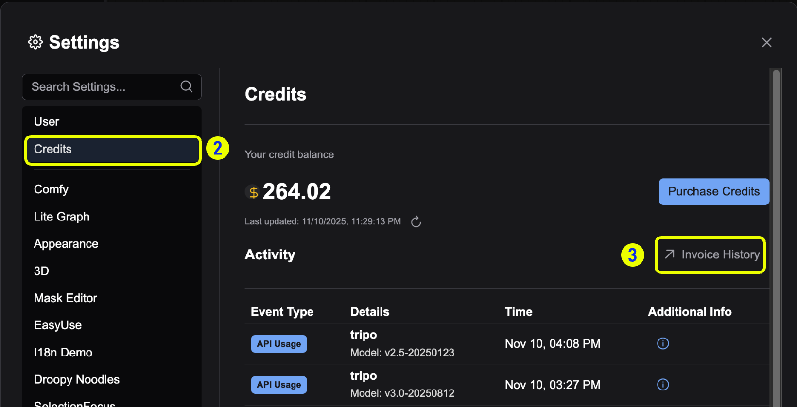 Credits tab in settings with Invoice History button highlighted