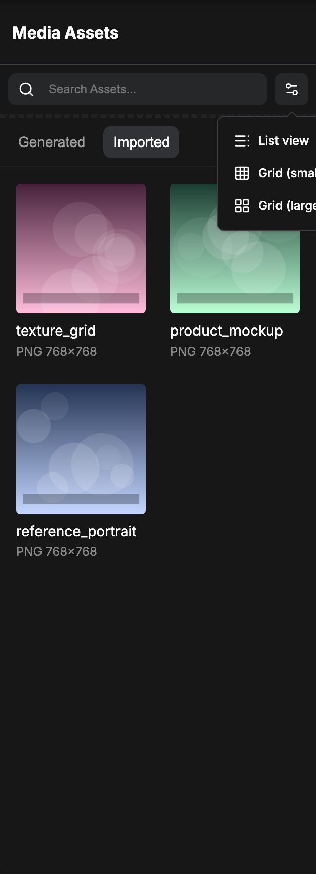 The Assets panel on the Imported tab, listing uploaded input files