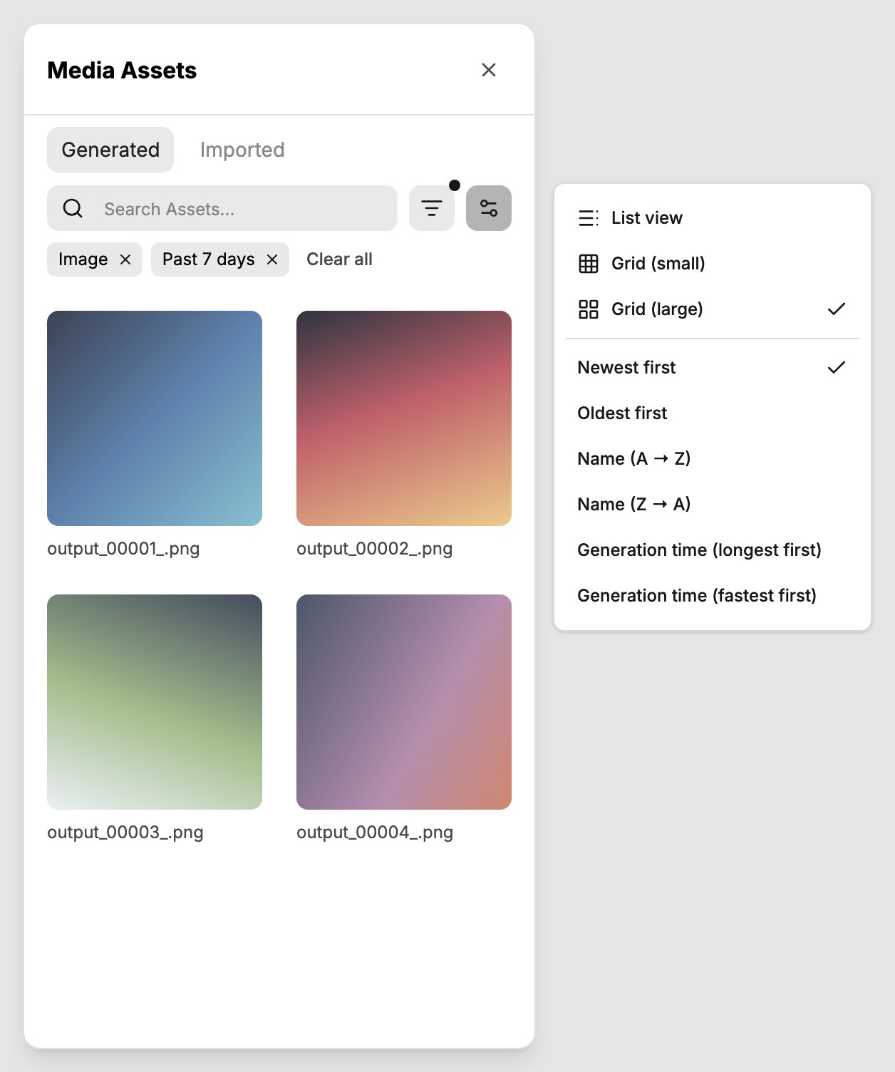 Cloud Assets view and sort menu (list/grid and newest/oldest/name/generation time)