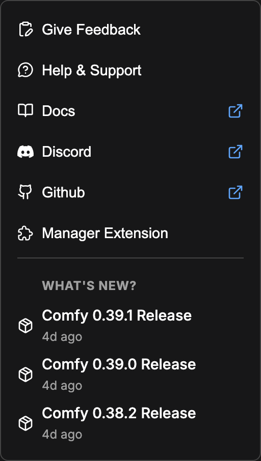 The Help Center menu with the menu entries and the What's New section