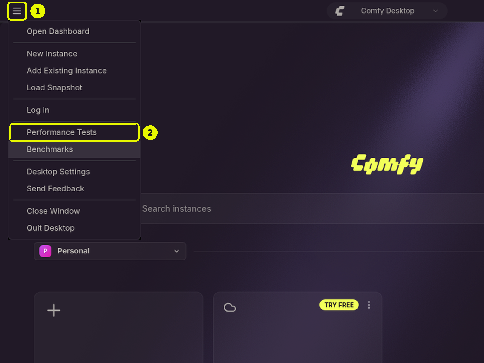 Dashboard with the hamburger menu open: (1) the ☰ button in the title bar, (2) the Performance Tests entry