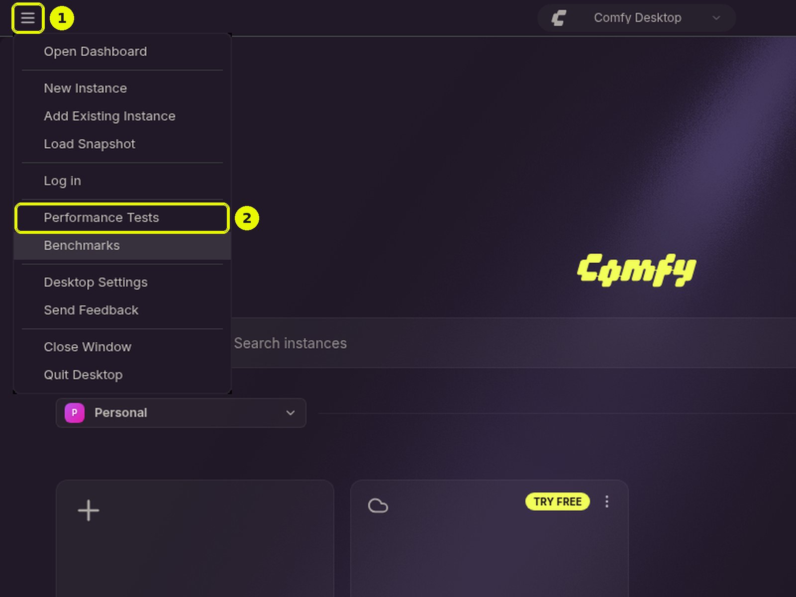 Dashboard with the hamburger menu open: (1) the ☰ button in the title bar, (2) the Performance Tests entry
