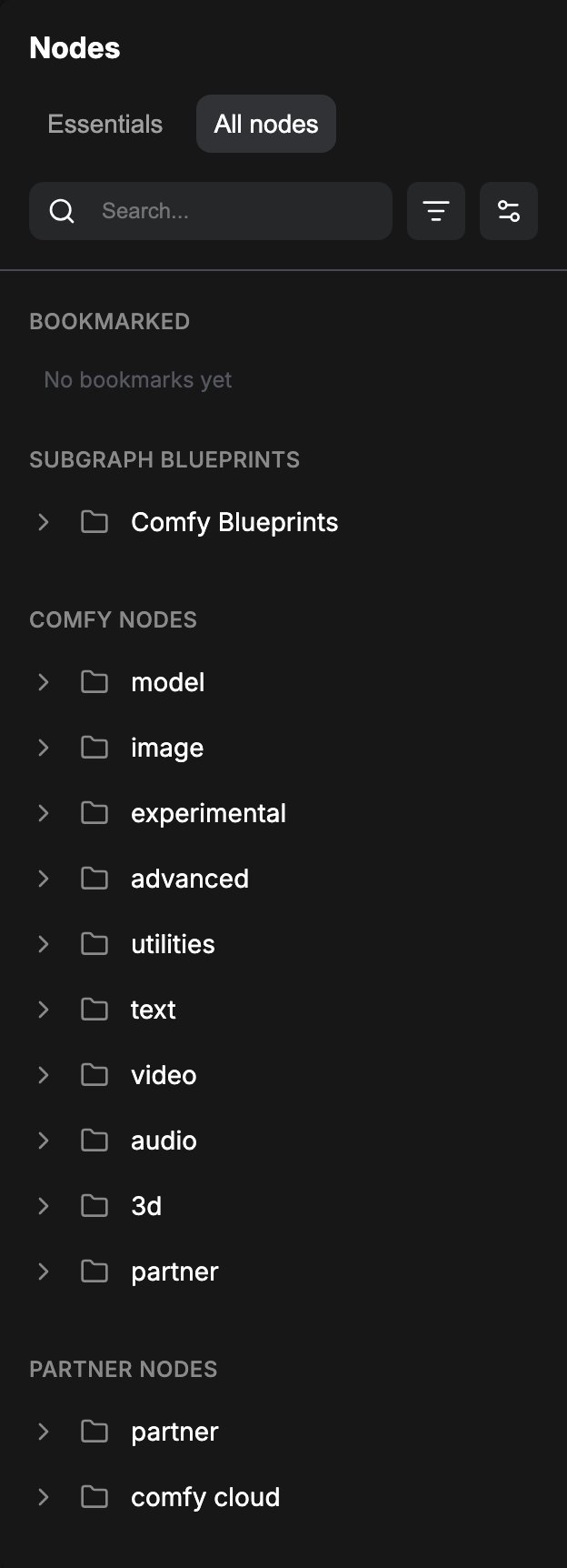ComfyUI Node Library panel on the All nodes tab, showing the Bookmarked, Comfy Nodes, Partner Nodes, and Extensions groups