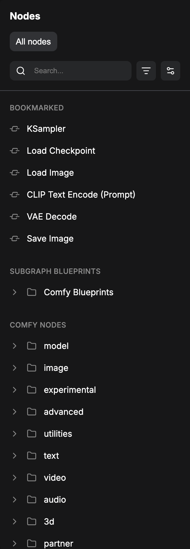 The Node Library on the All nodes tab with the Bookmarked section at the top