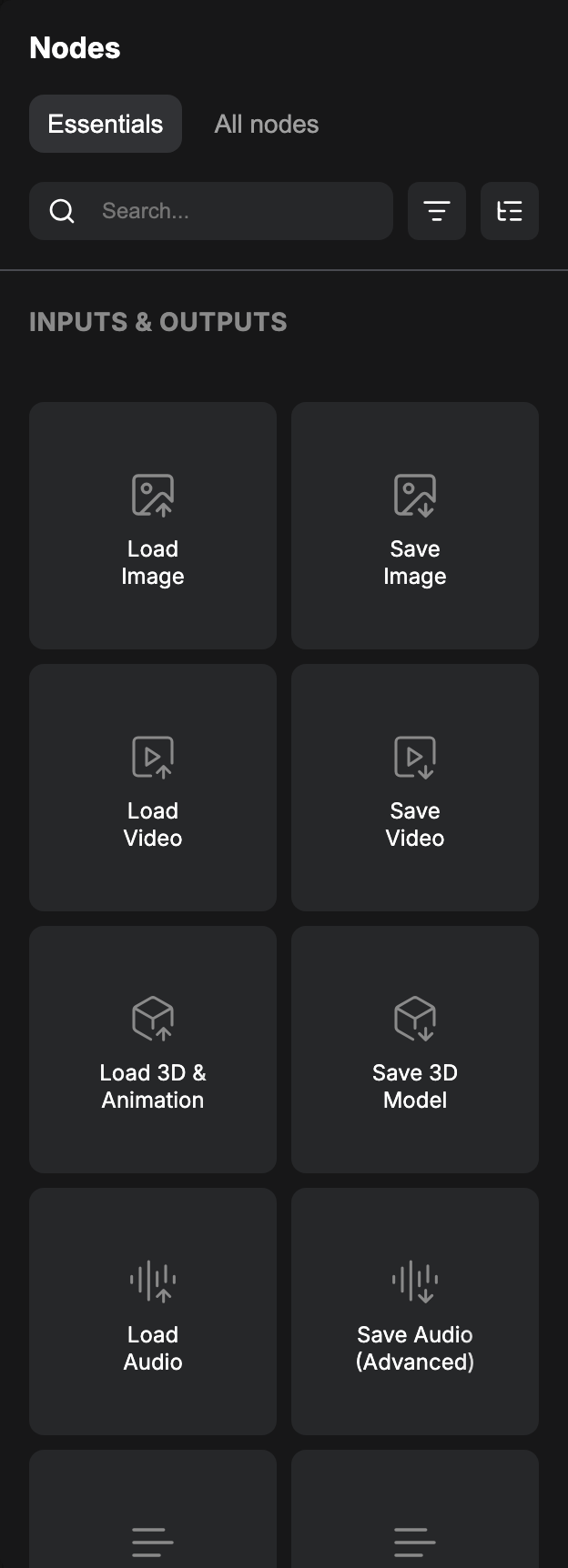 ComfyUI Node Library panel with the Essentials tab open, showing the INPUTS & OUTPUTS tiles