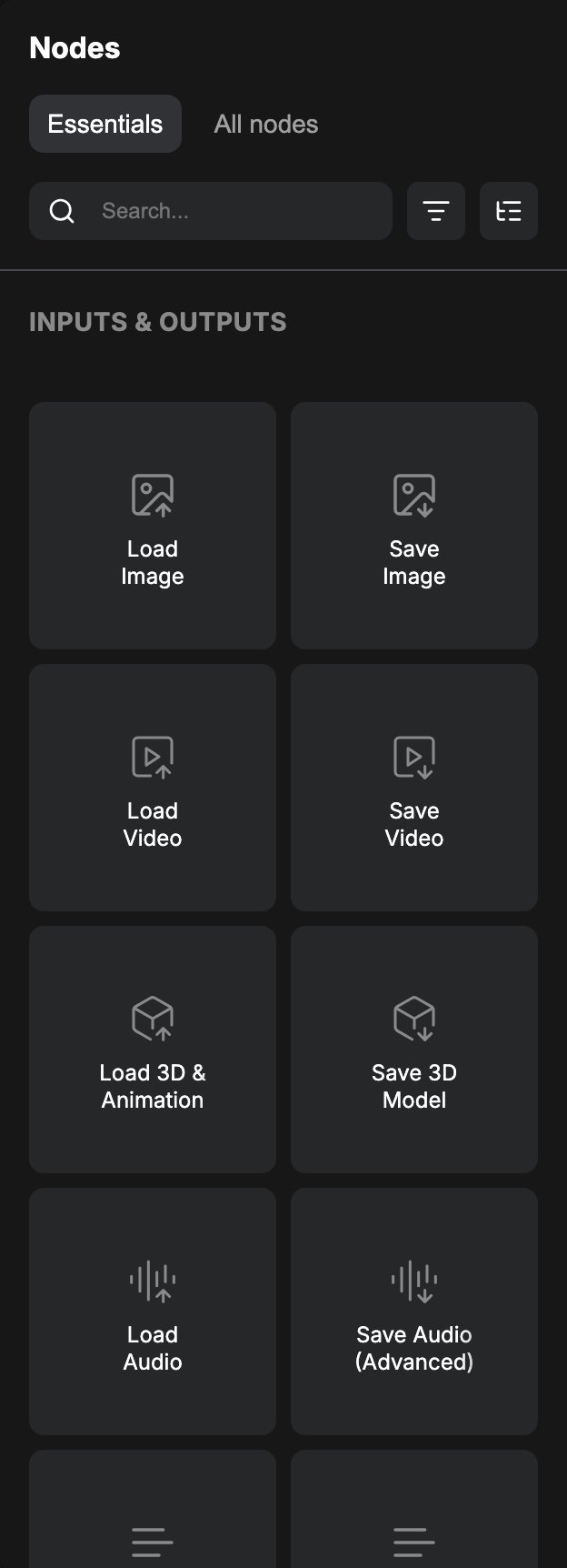 ComfyUI Node Library panel with the Essentials tab open, showing the INPUTS & OUTPUTS tiles