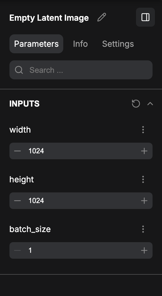 Right side panel with one node selected, showing the Parameters tab and its INPUTS list