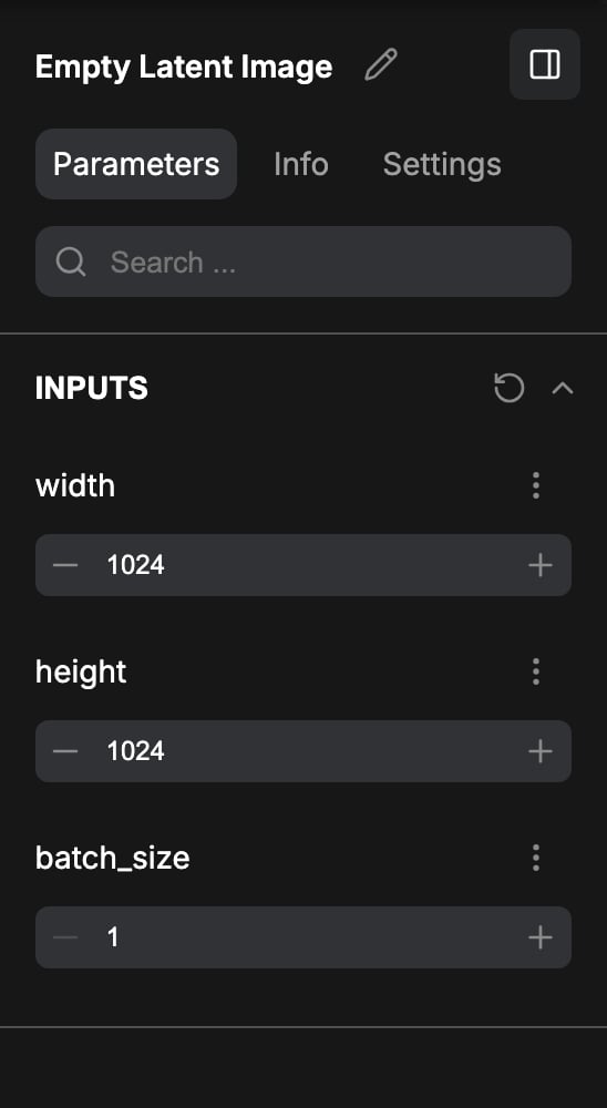 Right side panel with one node selected, showing the Parameters tab and its INPUTS list