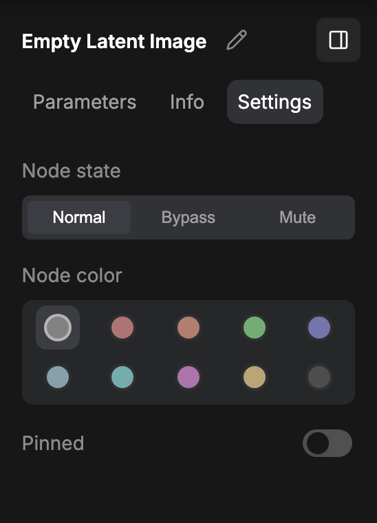 Right side panel Settings tab with node state, node color, and pinned controls