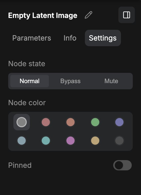 Right side panel Settings tab with node state, node color, and pinned controls