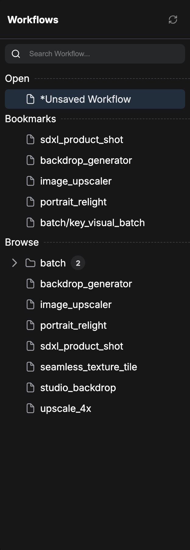 The Workflows panel with the Open, Bookmarks, and Browse sections and the search box