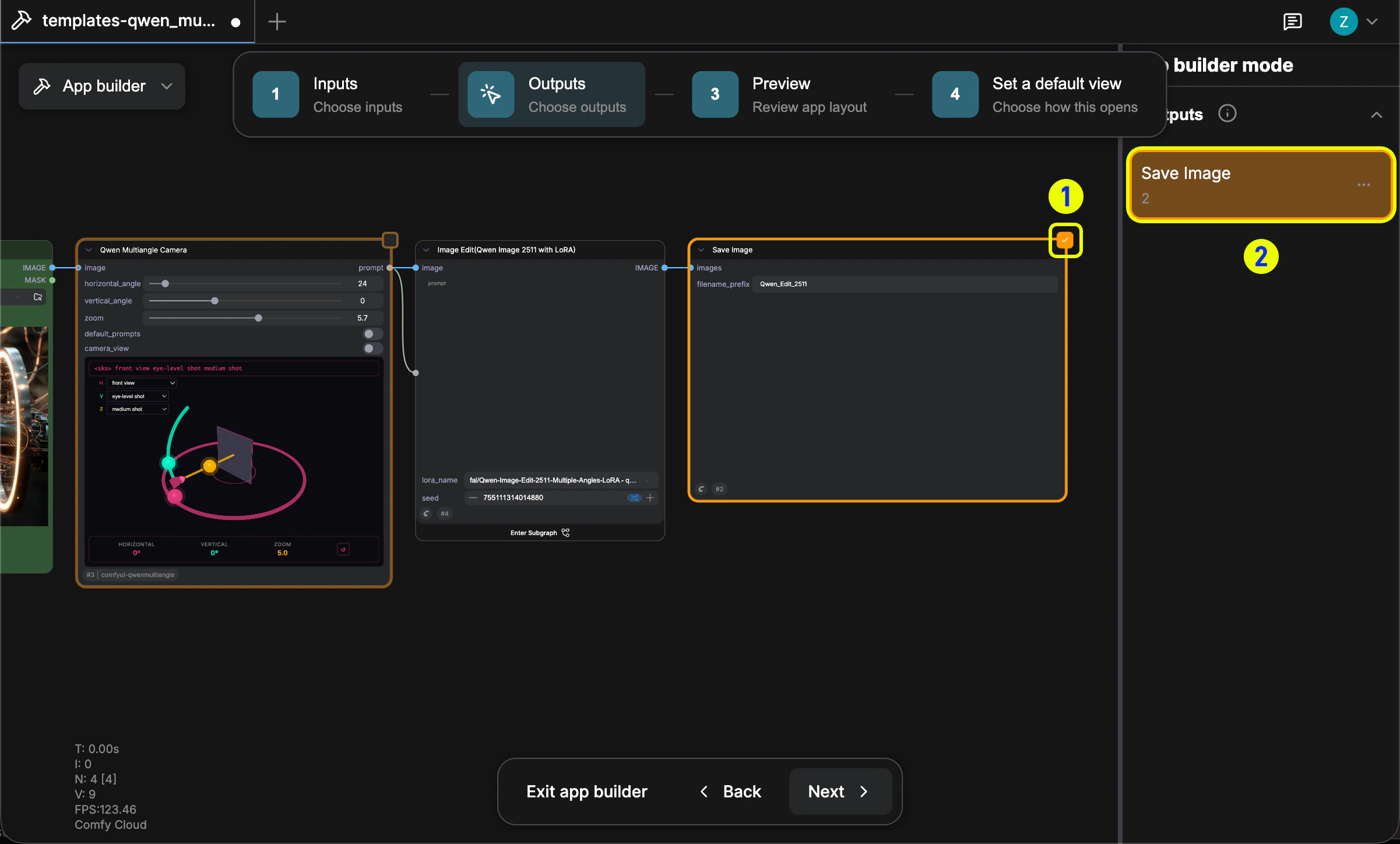 Selecting output nodes with right-panel preview