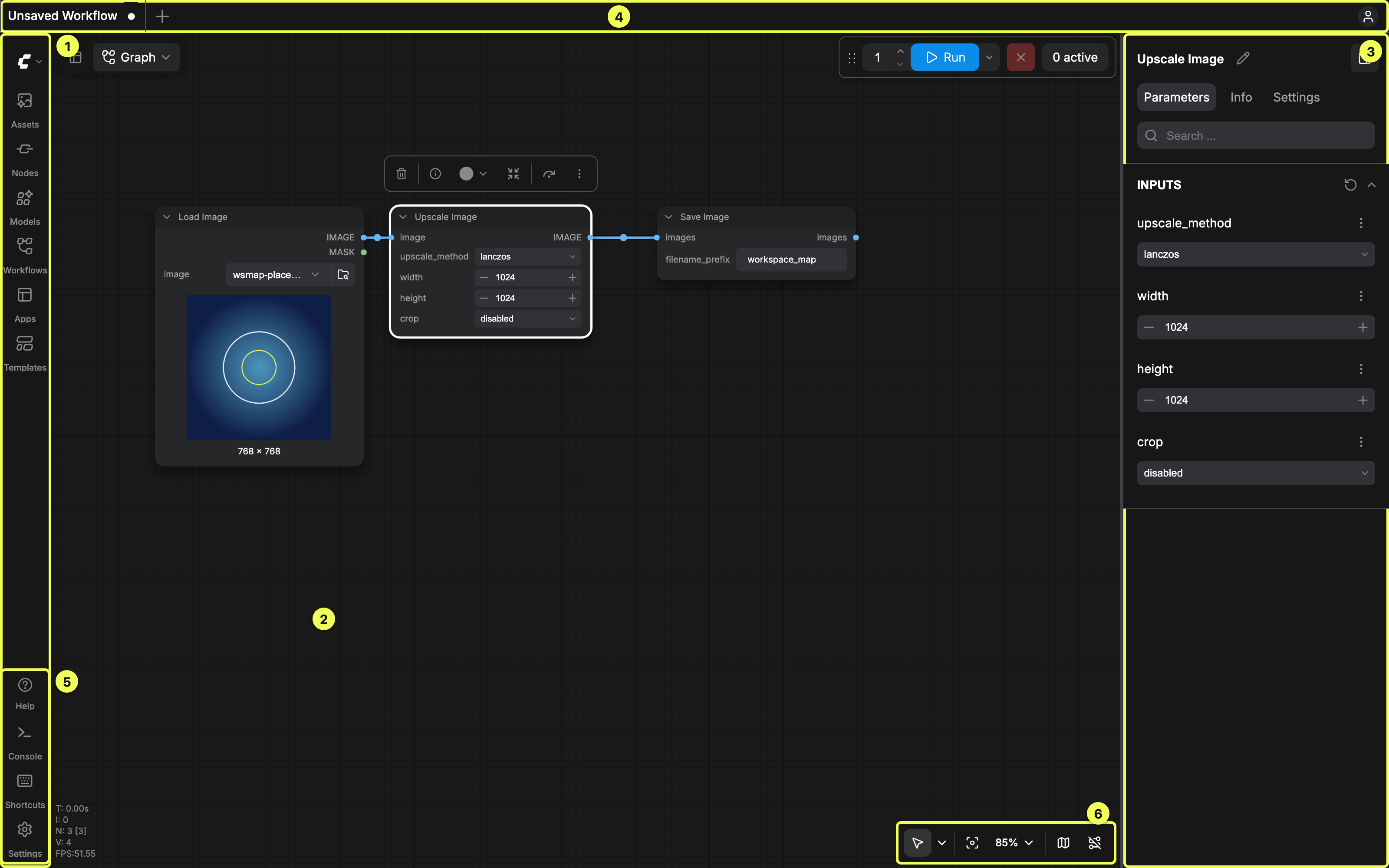 ComfyUI Workspace with numbered regions 1&ndash;6