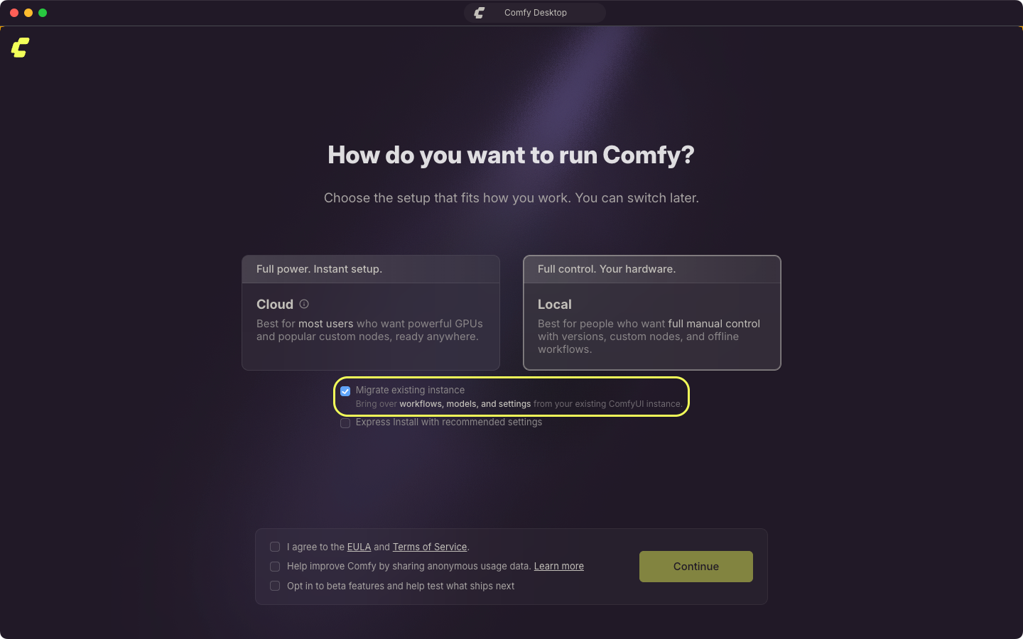 Configuración inicial con Local seleccionado y Migrar instancia existente marcado