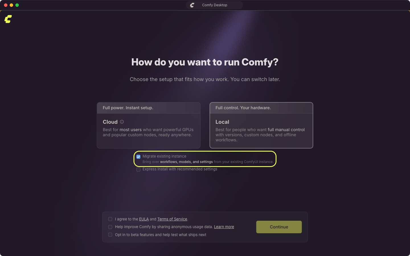 Configuración inicial con Local seleccionado y Migrar instancia existente marcado