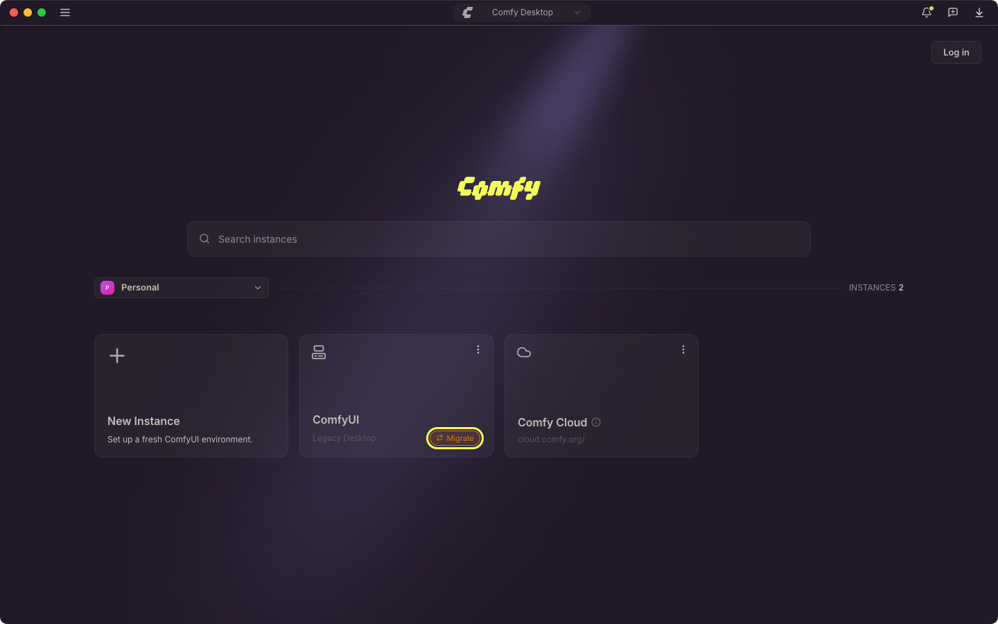 Tarjeta de la instancia de Legacy Desktop en el Selector con la etiqueta Migrar