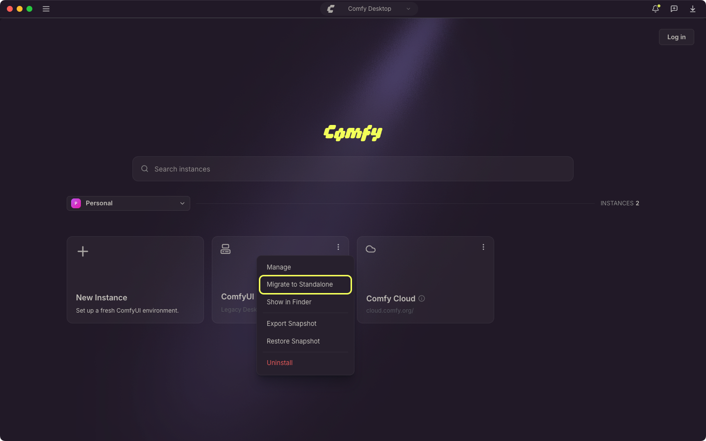 Menú de la tarjeta de instancia con Migrar a Standalone