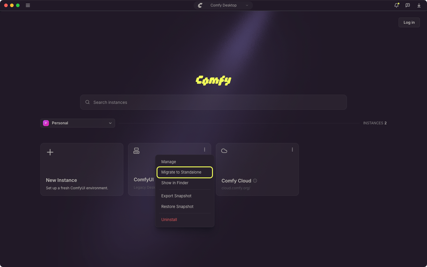 Menú de la tarjeta de instancia con Migrar a Standalone