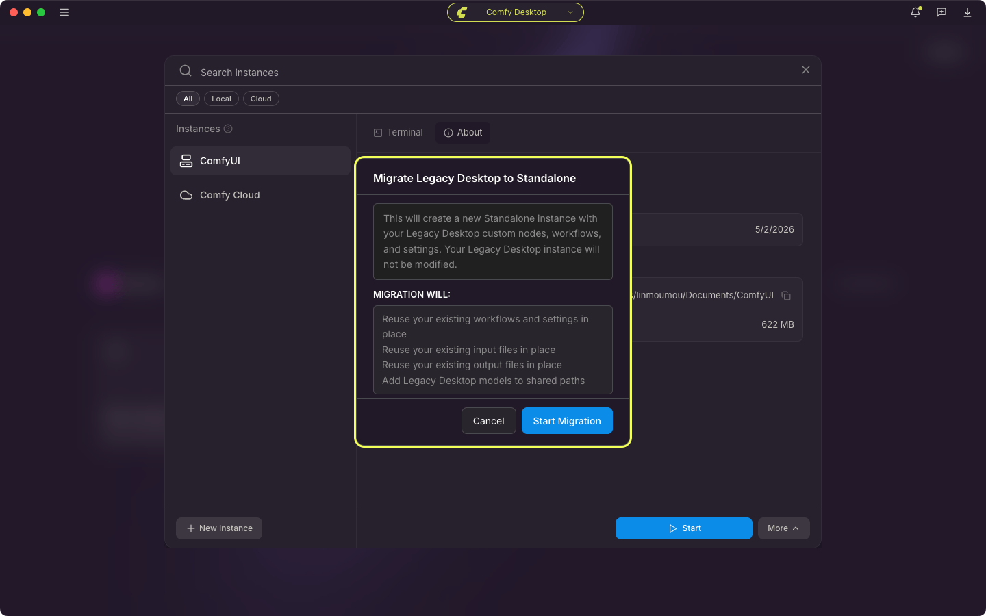 Confirmación para migrar Legacy Desktop a Standalone con Iniciar migración