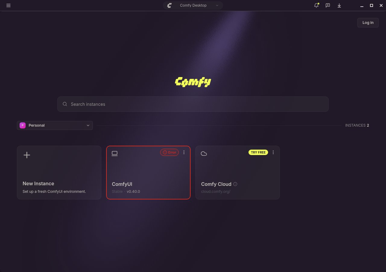Comfy Desktop dashboard with instance cards
