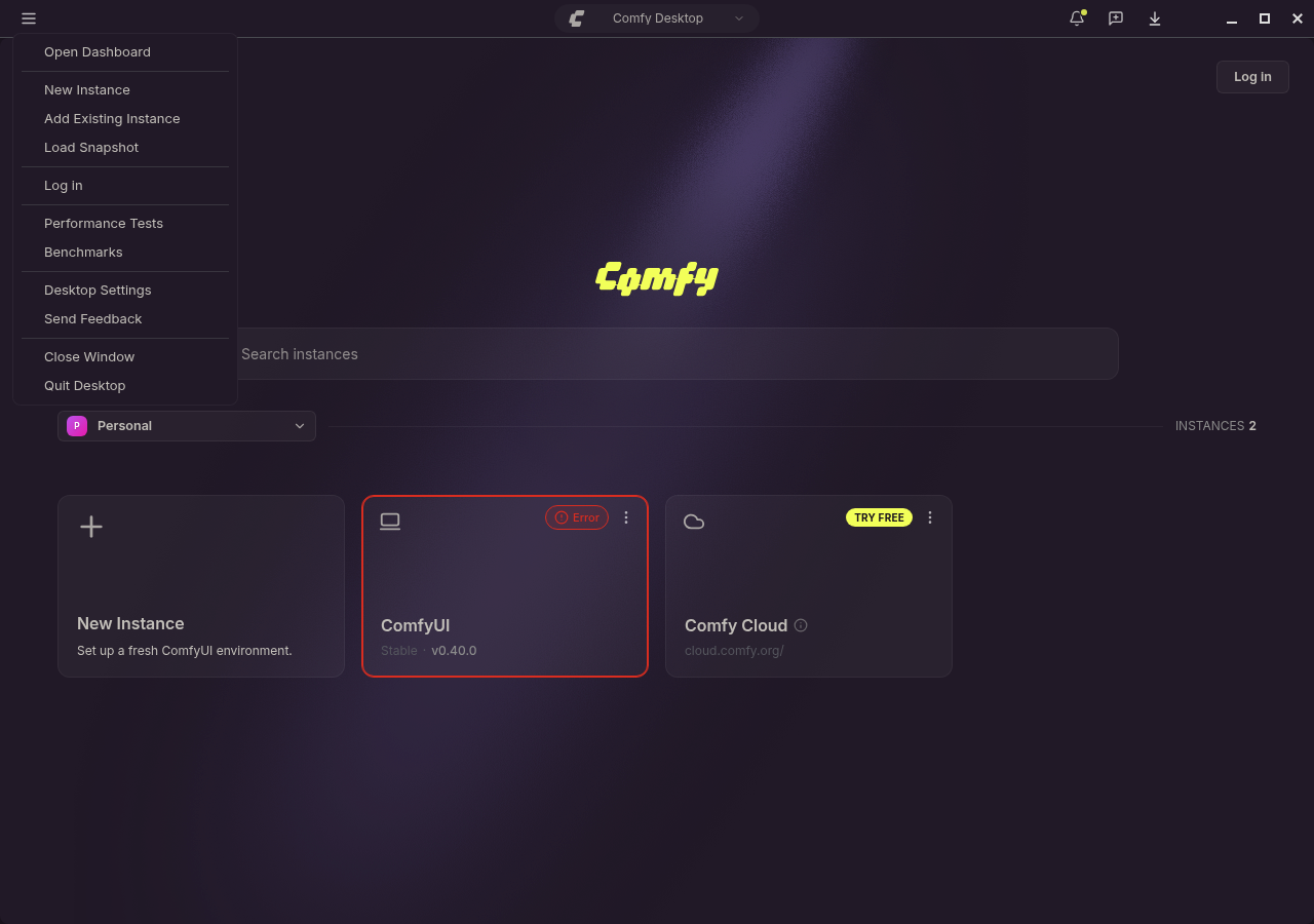 App menu open from the title bar, including Performance Tests, Benchmarks, and Desktop Settings