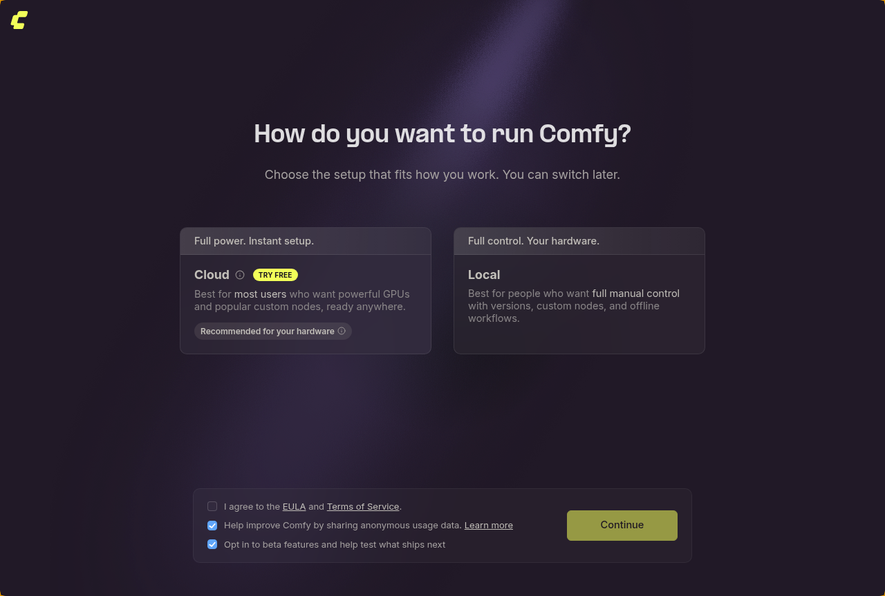 First-run setup asking Cloud or Local