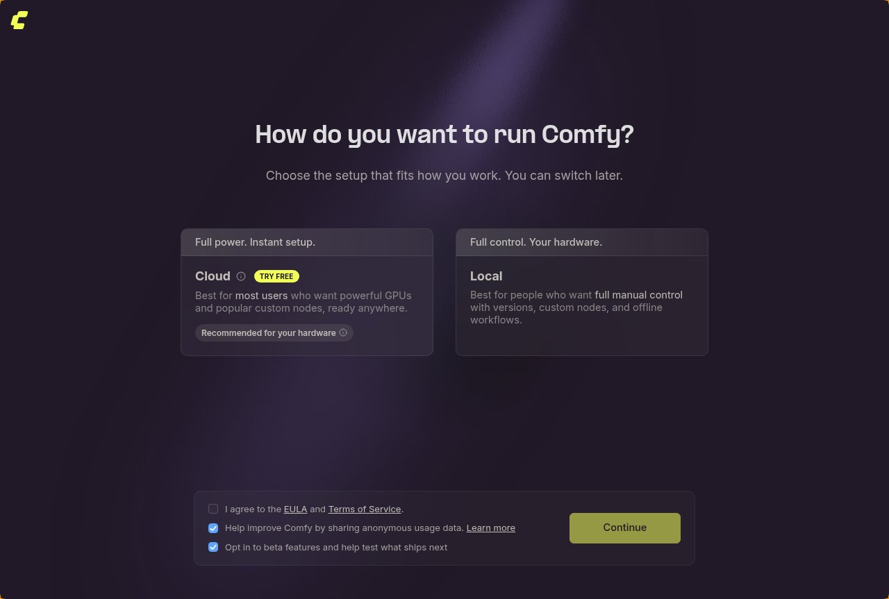 First-run setup asking Cloud or Local