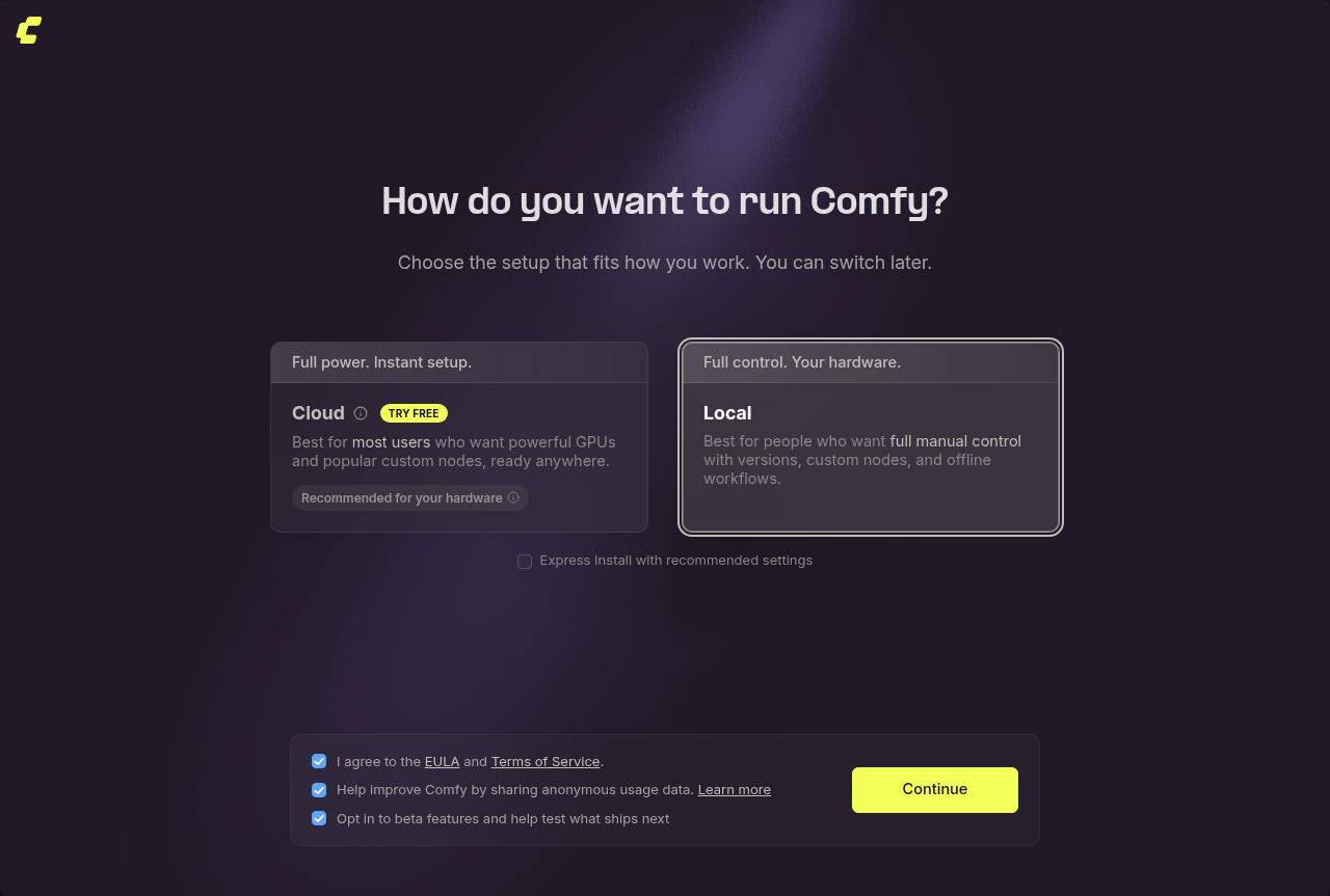 First-run setup with Local selected