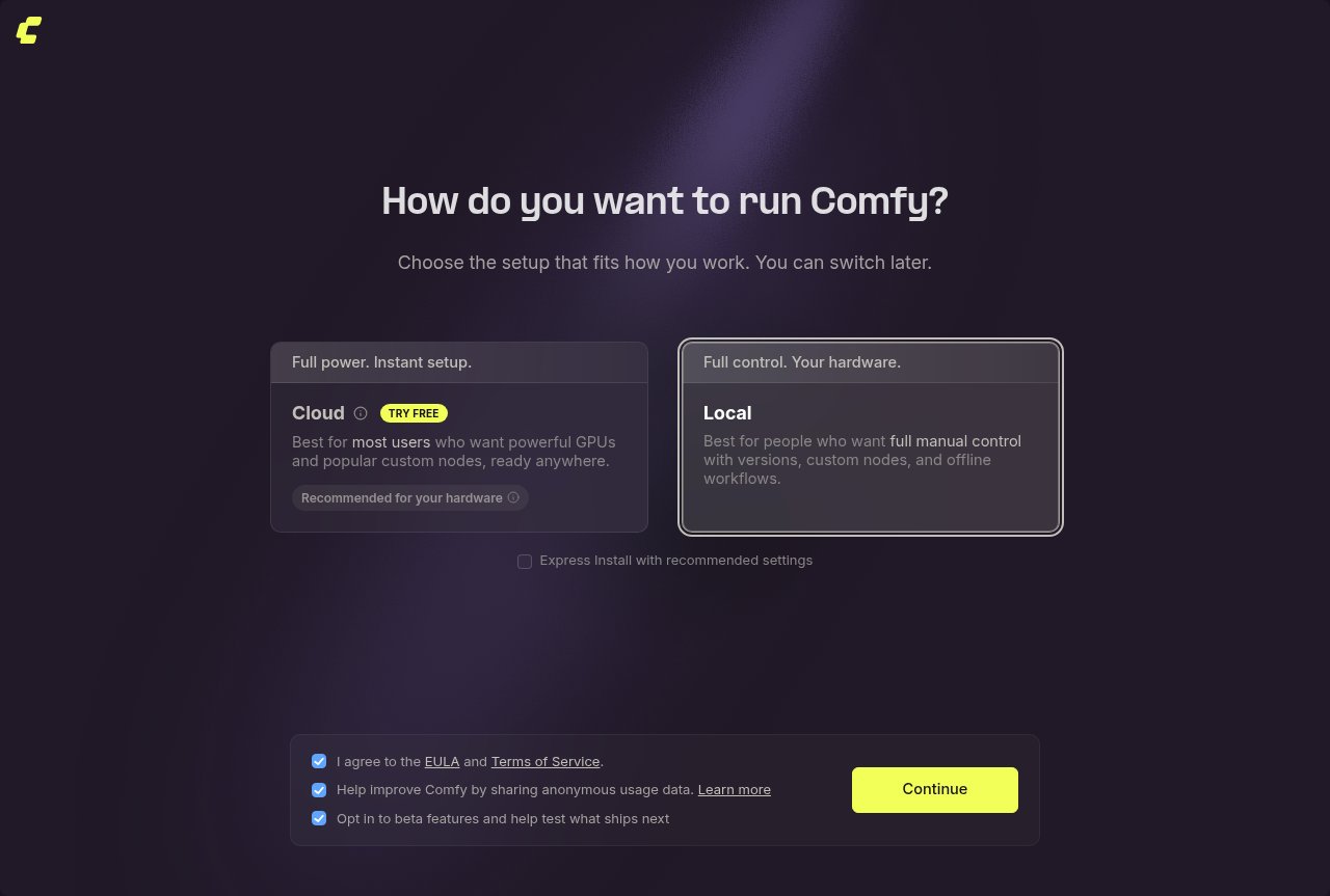 First-run setup with Local selected
