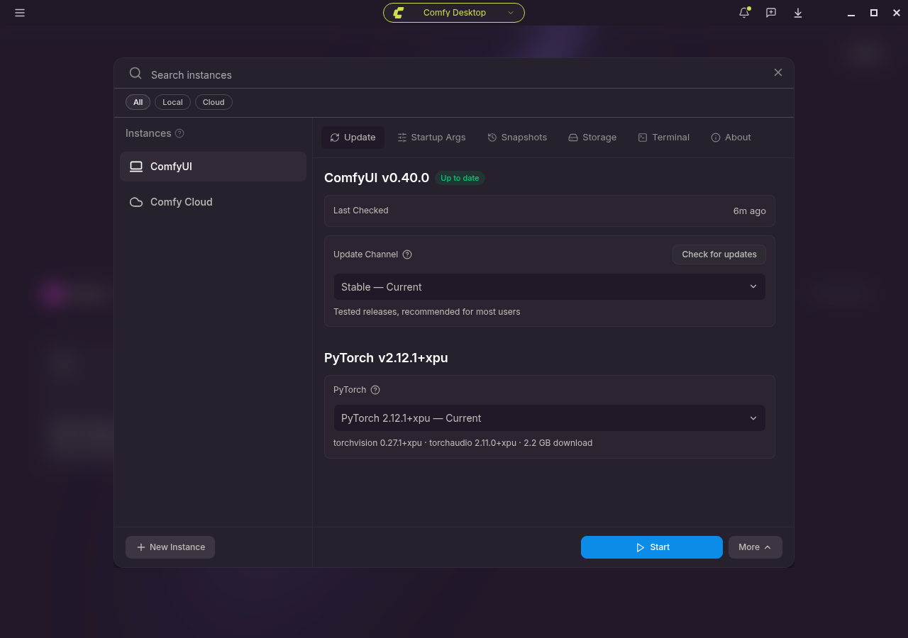 Panel Administrar de una instancia local: Actualizar, Argumentos de inicio, Instantáneas, Almacenamiento, Terminal, Acerca de