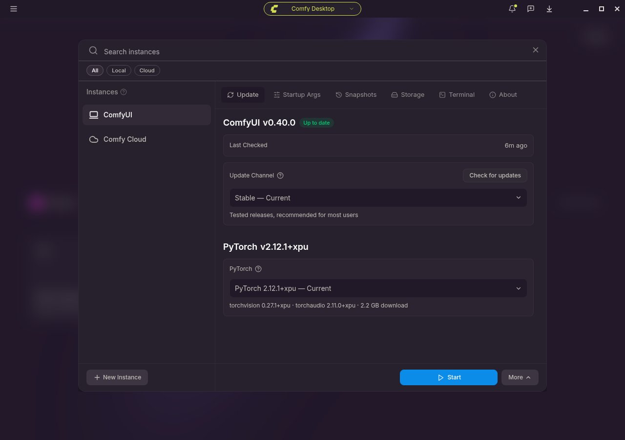 Panel Administrar de una instancia local: Actualizar, Argumentos de inicio, Instantáneas, Almacenamiento, Terminal, Acerca de