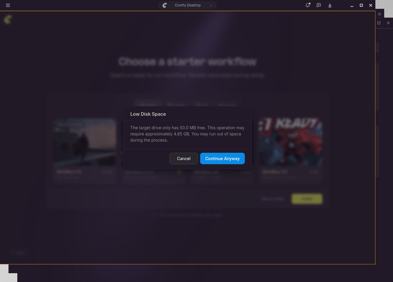 Diálogo Low Disk Space que muestra el espacio libre frente al tamaño de instalación requerido, con Cancel y Continue Anyway