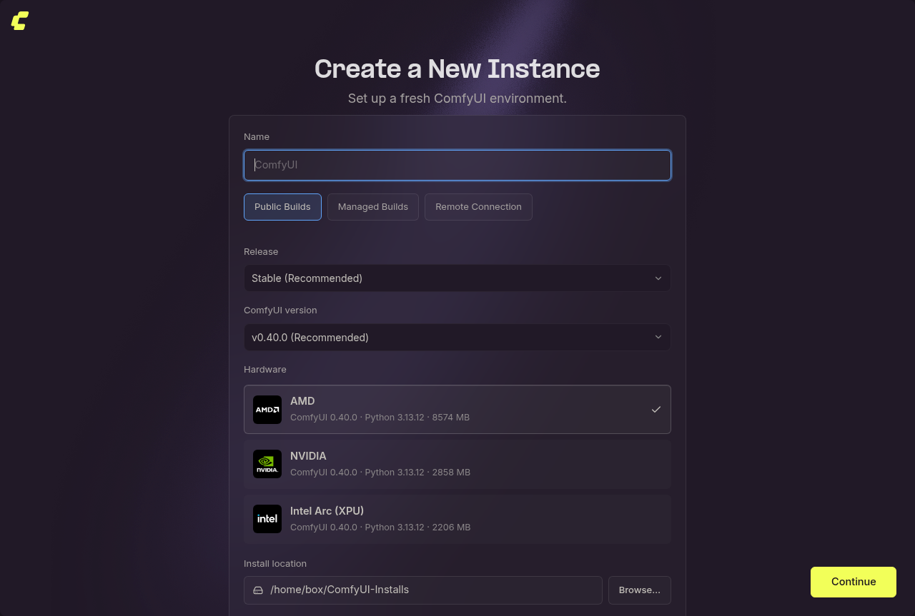 Asistente Crear una nueva instancia en Linux: nombre, Public Builds, lanzamiento, hardware (AMD/NVIDIA/Intel Arc) y ubicación de instalación con espacio libre