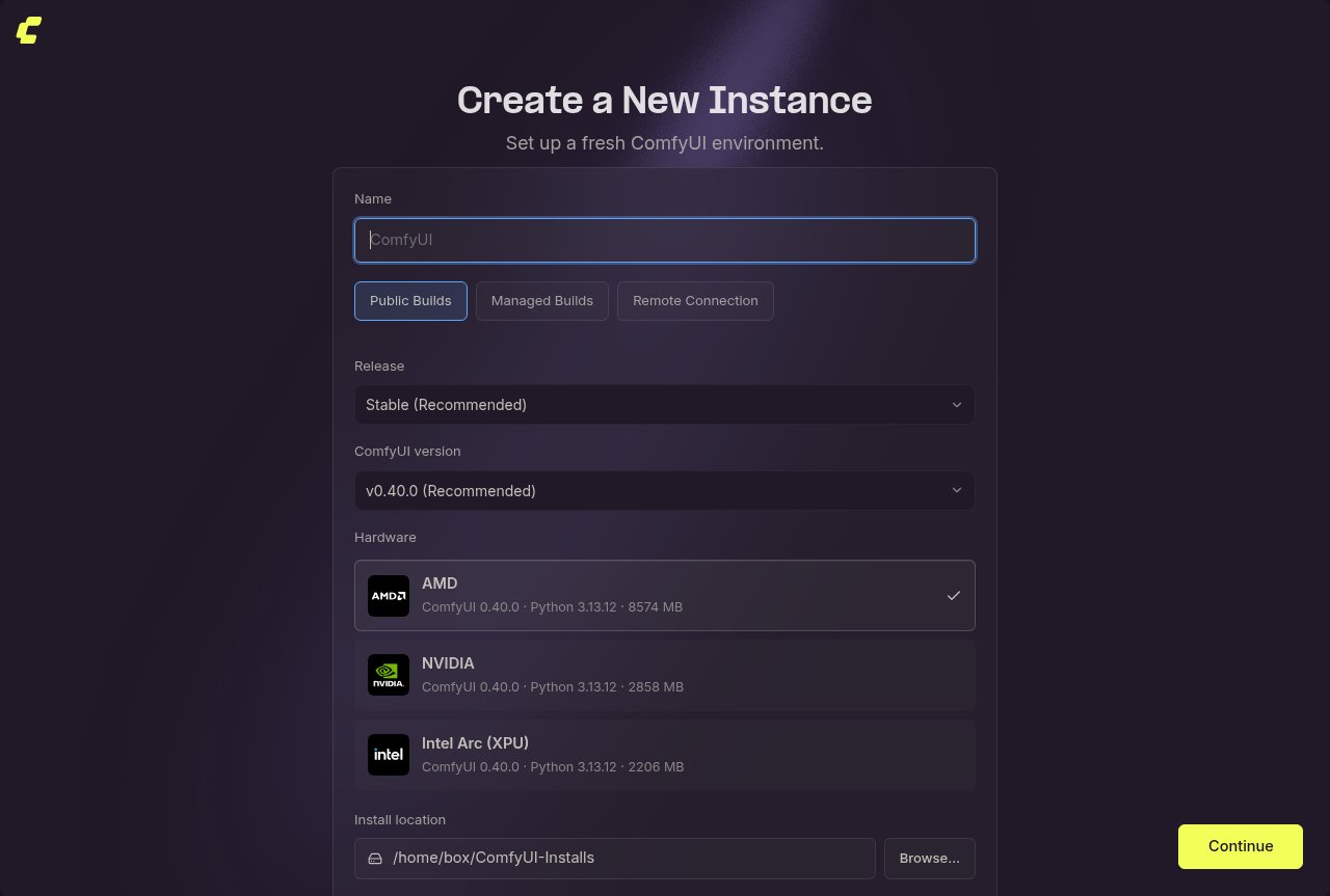 Asistente Crear una nueva instancia en Linux: nombre, Public Builds, lanzamiento, hardware (AMD/NVIDIA/Intel Arc) y ubicación de instalación con espacio libre