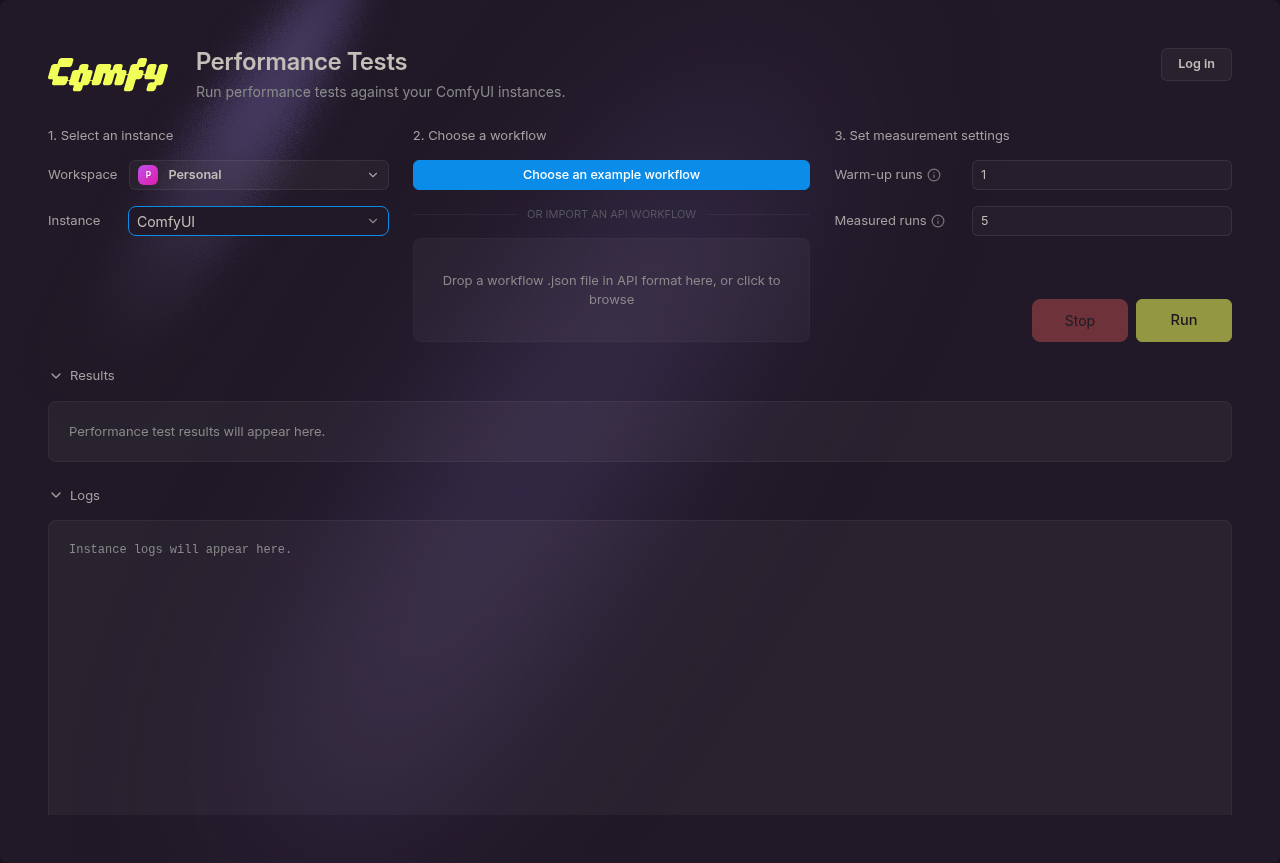 已选择实例的 Performance Tests 面板，显示三个编号步骤