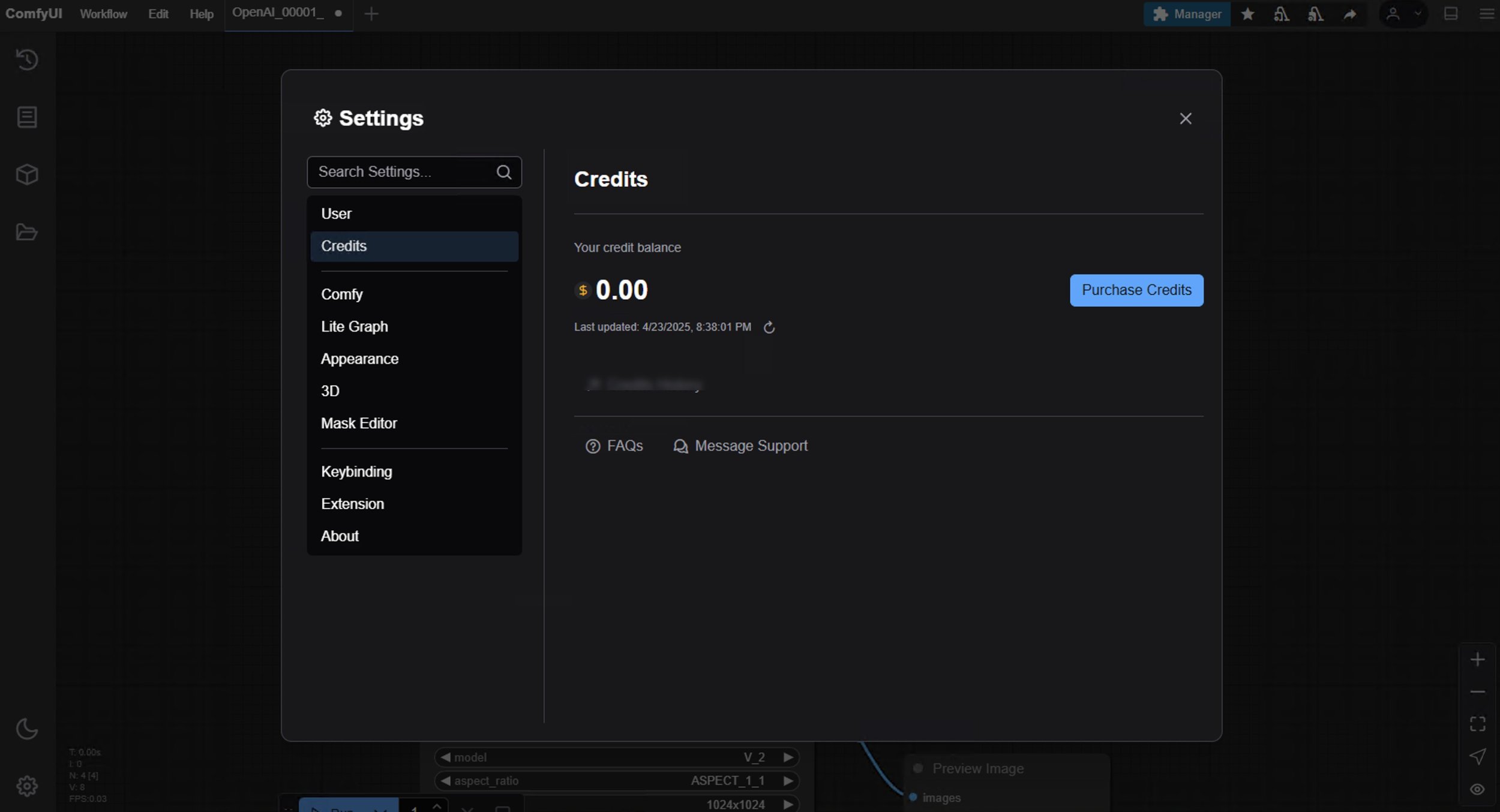 Credits Menu Credits Management - ComfyUI