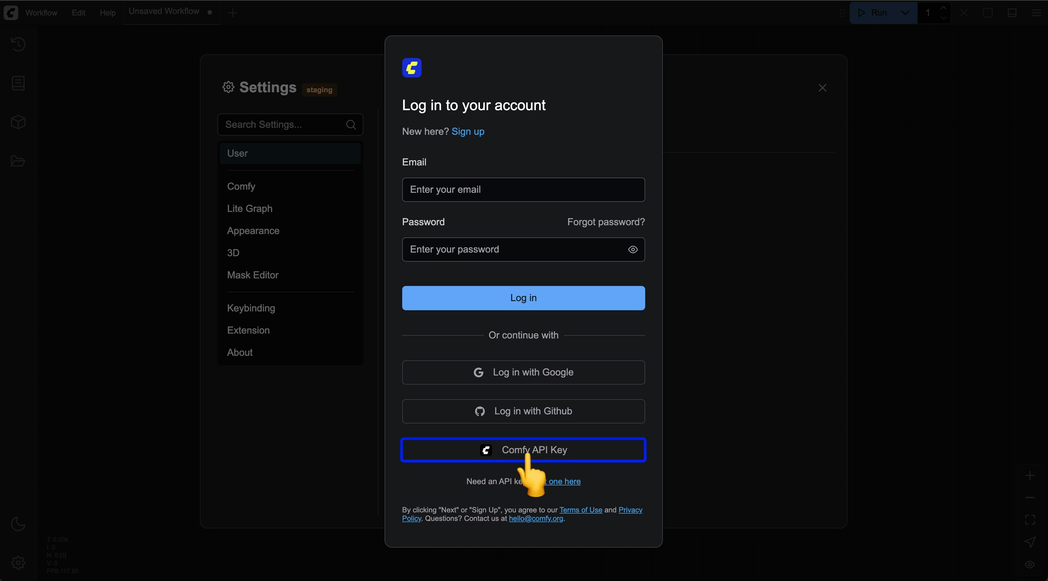 Select Comfy API Key Login
