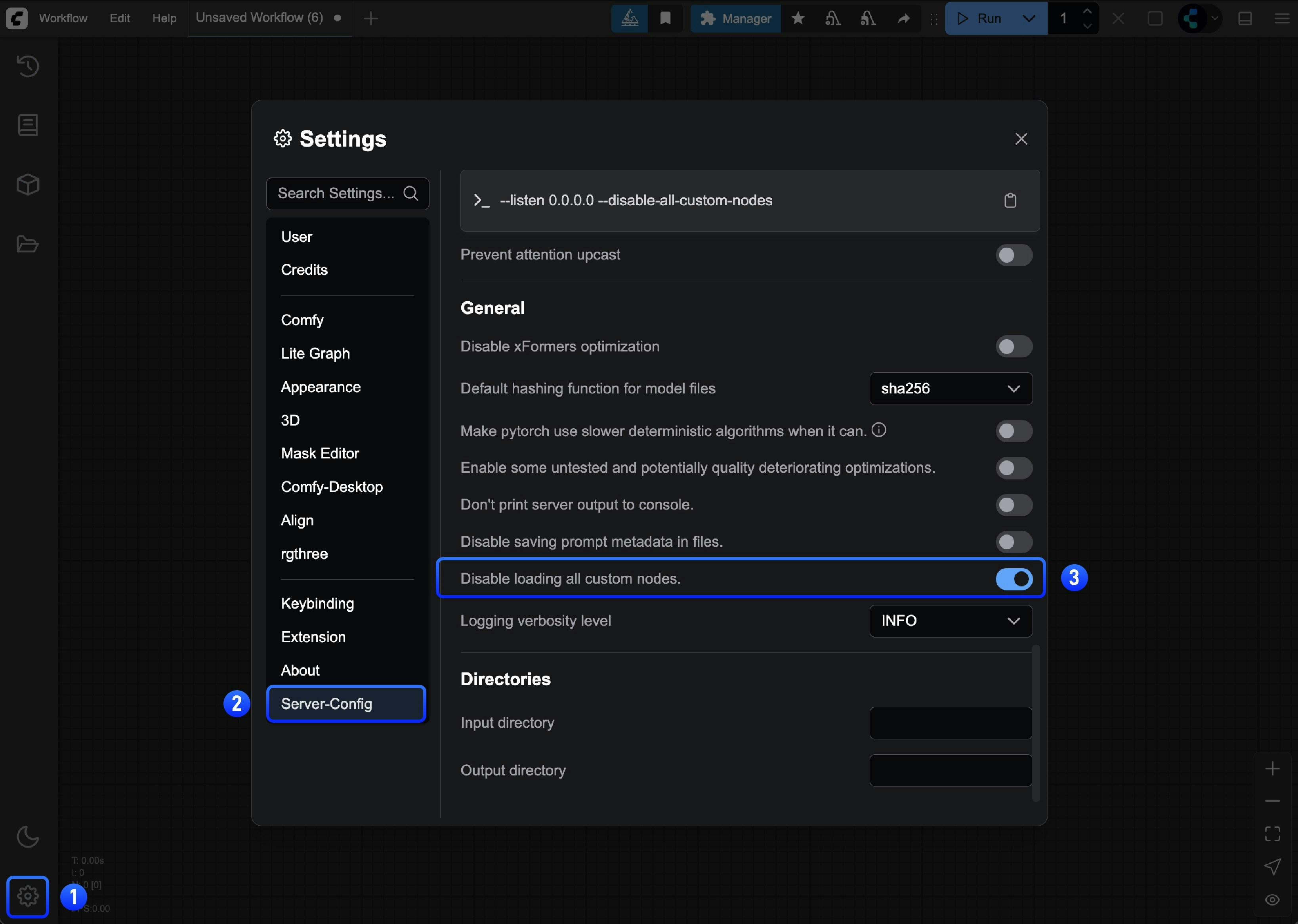 Settings menu - Disable custom nodes