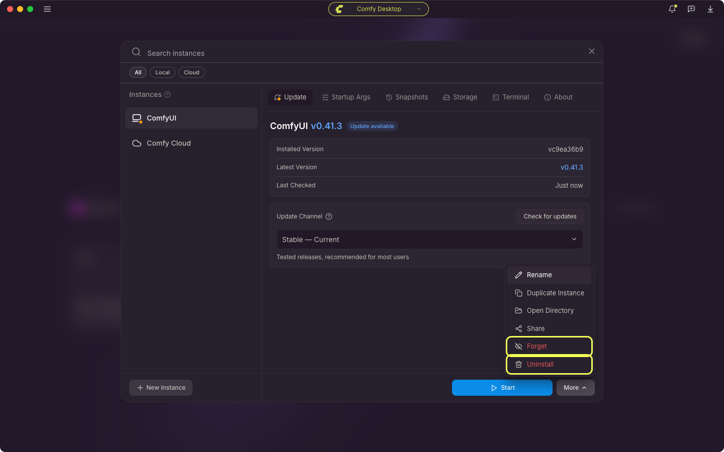 Olvidar y Desinstalar en el menú Más del panel Administrar