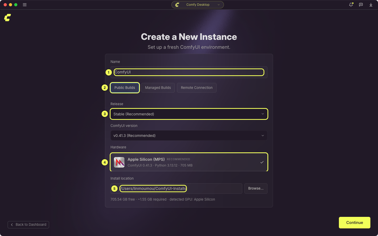 El asistente Crear una nueva instancia en macOS, señalando el nombre (1), el método de instalación (2), el canal de lanzamiento (3), el hardware (4) y la ubicación de instalación (5)