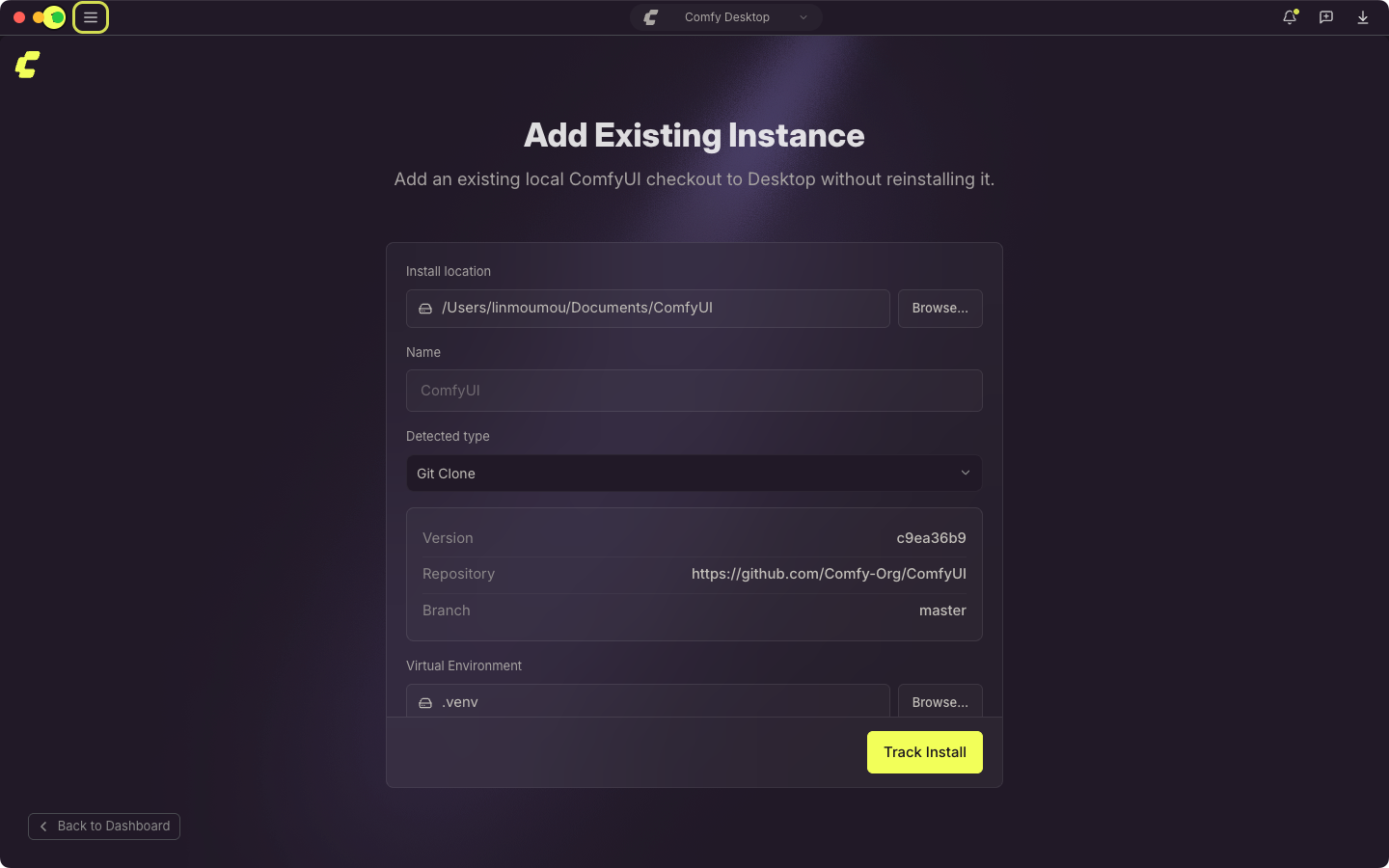 El diálogo Add Existing Instance con un clon de Git detectado: ubicación de instalación, versión, repositorio, rama y entorno virtual