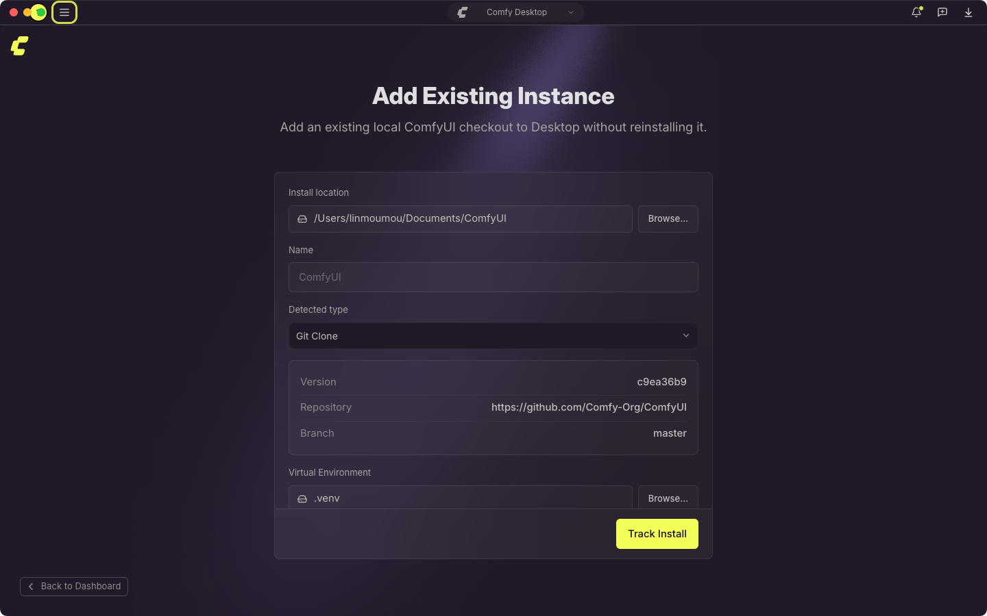 El diálogo Add Existing Instance con un clon de Git detectado: ubicación de instalación, versión, repositorio, rama y entorno virtual